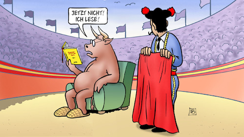 Cartoon: Buchmesse Gastland Spanien (medium) by Harm Bengen tagged buchmesse,gastland,spanien,lesen,buch,stierkampf,torero,harm,bengen,cartoon,karikatur,buchmesse,gastland,spanien,lesen,buch,stierkampf,torero,harm,bengen,cartoon,karikatur