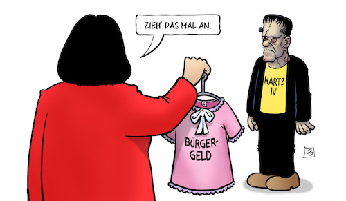 Cartoon: Bürgergeld (medium) by Harm Bengen tagged bürgergeld,grundsicherung,hartz,iv,spd,grüne,nahles,sozialreformen,frankenstein,monster,kleidchen,harm,bengen,cartoon,karikatur,bürgergeld,grundsicherung,hartz,iv,spd,grüne,nahles,sozialreformen,frankenstein,monster,kleidchen,harm,bengen,cartoon,karikatur