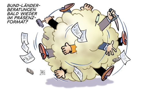 Cartoon: Bund-Länder-Präsenzformat (medium) by Harm Bengen tagged bund,länder,beratungen,föderalismus,merkel,corona,ministerpräsidenten,präsenzformat,videokonferenz,streit,hauerei,kampf,harm,bengen,cartoon,karikatur,bund,länder,beratungen,föderalismus,merkel,corona,ministerpräsidenten,präsenzformat,videokonferenz,streit,hauerei,kampf,harm,bengen,cartoon,karikatur