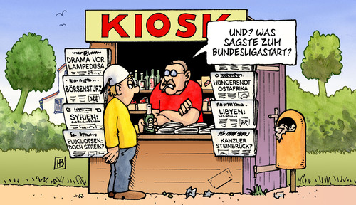 Cartoon: Bundesligastart (medium) by Harm Bengen tagged bundesligastart,bundesliga,start,fußball,kiosk,schlagzeilen,zeitungen,lesen,kunde,verkäufer,desinteresse,katastrophen,krieg,sport,bundesligastart,start,fußball,kiosk,schlagzeilen,zeitungen,lesen,kunde,verkäufer,desinteresse,katastrophen,krieg,sport