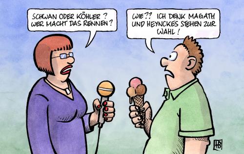 Cartoon: Bundespräsidentenwahl (medium) by Harm Bengen tagged bundespräsidentenwahl,bundespräsident,präsident,gesine,schwan,horst,köhler,peter,sodan,wahlkampf,abstimmung,bundesversammlung,interview,eis,mikrophon,bundesliga,bayern,münchen,vfl,wolfsburg,jupp,heynckes,felix,magath,deutscher,meister,cartoon,cartoons,bundespräsidentenwahl,bundespräsident,präsident,gesine schwan,horst köhler,peter sodan,wahlkampf,wahl,wahlen,abstimmung,bundesversammlung,interview,eis,bundesliga,bayern,münchen,vfl,wolfsburg,jupp,heynckes,felix,magath,deutscher,meister,gesine,schwan,horst,köhler,peter,sodan