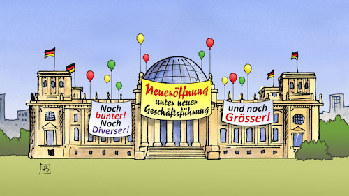 Cartoon: Bundestagskonstituierung (medium) by Harm Bengen tagged neueröffnung,bundestagskonstituierung,geschäftsführung,bunter,diverser,grösser,reichstag,gross,luftballons,harm,bengen,cartoon,karikatur,neueröffnung,bundestagskonstituierung,geschäftsführung,bunter,diverser,grösser,reichstag,gross,luftballons,harm,bengen,cartoon,karikatur