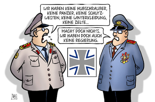 Cartoon: Bundeswehr-Material (medium) by Harm Bengen tagged bundeswehr,material,general,hubschrauber,panzer,schutzwesten,winterkleidung,zelte,regierung,harm,bengen,cartoon,karikatur,bundeswehr,material,general,hubschrauber,panzer,schutzwesten,winterkleidung,zelte,regierung,harm,bengen,cartoon,karikatur