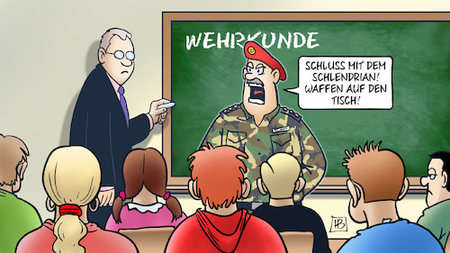 Cartoon: Bundeswehr in Schulen (medium) by Harm Bengen tagged waffen,bundeswehr,schulen,stark,watzinger,schüler,lehrer,soldat,wehrkunde,krieg,militarisierung,harm,bengen,cartoon,karikatur,waffen,bundeswehr,schulen,stark,watzinger,schüler,lehrer,soldat,wehrkunde,krieg,militarisierung,harm,bengen,cartoon,karikatur