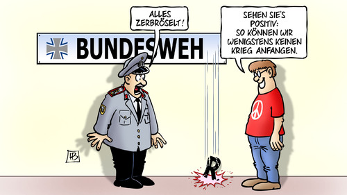 Cartoon: Bundeswehr zerbröselt (medium) by Harm Bengen tagged bundeswehr,zerbroeselt,material,kaputt,von,der,leyen,bundesregierung,verteidigungsministerin,verteidigungsministerium,general,friedensbewegung,krieg,harm,bengen,cartoon,karikatur,bundeswehr,zerbroeselt,material,kaputt,von,der,leyen,bundesregierung,verteidigungsministerin,verteidigungsministerium,general,friedensbewegung,krieg,harm,bengen,cartoon,karikatur