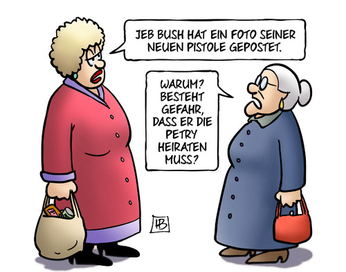 Cartoon: Bush-Pistole (medium) by Harm Bengen tagged jeb,bush,foto,pistole,gepostet,waffen,facebook,usa,wahlkampf,republikaner,afd,oettinger,erschiessen,petry,heiraten,ehe,harm,bengen,cartoon,karikatur,jeb,bush,foto,pistole,gepostet,waffen,facebook,usa,wahlkampf,republikaner,afd,oettinger,erschiessen,petry,heiraten,ehe,harm,bengen,cartoon,karikatur