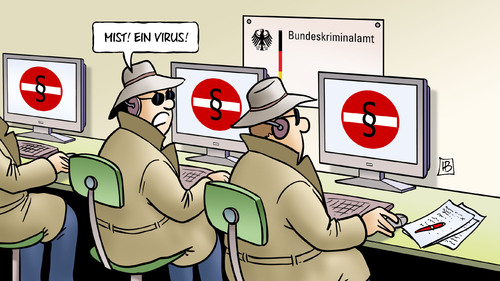 Cartoon: BVerfG und BKA (medium) by Harm Bengen tagged bverfg,bundesverfassungsgericht,bka,bundeskriminalamt,geheimdienst,spitzeln,ausspähen,staatstrojaner,computer,virus,stopp,paragraf,harm,bengen,cartoon,karikatur,bverfg,bundesverfassungsgericht,bka,bundeskriminalamt,geheimdienst,spitzeln,ausspähen,staatstrojaner,computer,virus,stopp,paragraf,harm,bengen,cartoon,karikatur