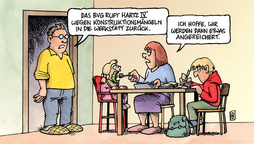 Cartoon: BVG zu Hartz IV (medium) by Harm Bengen tagged bvg,bundesverfassungsgericht,hartz,iv,regelsatz,kinder,überprüfung,neuberechung,köhler,von,der,leyen,arbeitsministerin,familienministerin,armut,geld,rückruf,anreichern