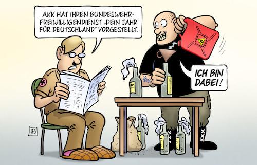 Cartoon: BW-Freiwilligendienst (medium) by Harm Bengen tagged akk,kramp,karrenbauer,verteidigungsministerin,bundeswehr,freiwilligendienst,jahr,deutschland,nazis,harm,bengen,cartoon,karikatur,akk,kramp,karrenbauer,verteidigungsministerin,bundeswehr,freiwilligendienst,jahr,deutschland,nazis,harm,bengen,cartoon,karikatur