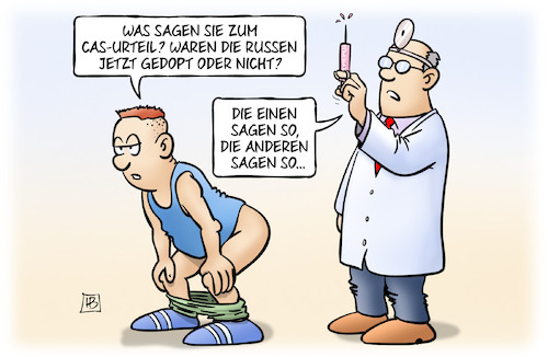 Cartoon: Cas-Urteil (medium) by Harm Bengen tagged cas,sportgerichtshof,urteil,russen,doping,sportler,olympia,arzt,spritze,harm,bengen,cartoon,karikatur,cas,sportgerichtshof,urteil,russen,doping,sportler,olympia,arzt,spritze,harm,bengen,cartoon,karikatur