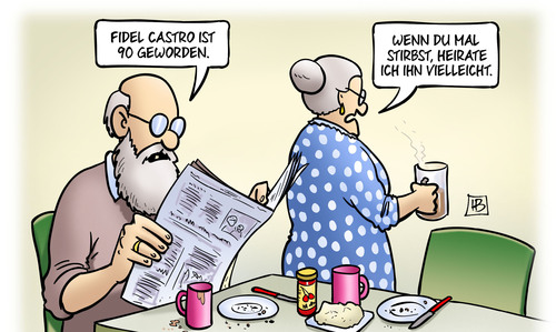 Cartoon: Castro 90 (medium) by Harm Bengen tagged fidel,castro,90,kuba,geburtstag,sterben,tod,heiraten,ehe,susemil,harm,bengen,cartoon,karikatur,fidel,castro,90,kuba,geburtstag,sterben,tod,heiraten,ehe,susemil,harm,bengen,cartoon,karikatur