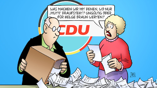 Cartoon: CDU-Auszählung (medium) by Harm Bengen tagged cdu,mitgliederbefragung,braun,merz,röttgen,parteivorsitz,wahl,auszählung,mutti,merkel,kreis,harm,bengen,cartoon,karikatur,cdu,mitgliederbefragung,braun,merz,röttgen,parteivorsitz,wahl,auszählung,mutti,merkel,kreis,harm,bengen,cartoon,karikatur