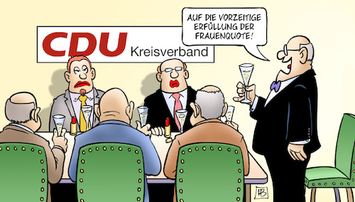 Cartoon: CDU-Frauenquote (medium) by Harm Bengen tagged cdu,erfüllung,frauenquote,kreisverband,männer,lippenstift,schminken,gleichberechtigung,harm,bengen,cartoon,karikatur,cdu,erfüllung,frauenquote,kreisverband,männer,lippenstift,schminken,gleichberechtigung,harm,bengen,cartoon,karikatur