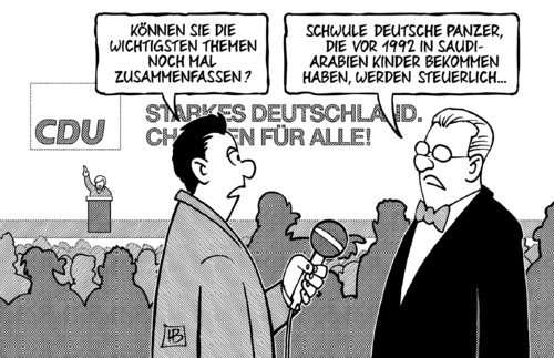 Cartoon: CDU-Zusammenfassung (medium) by Harm Bengen tagged interview,panzer,saudi,arabien,saudiarabien,rente,1992,cdu,zusammenfassung,parteitag,hannover,chancen,frauen,schwule,frauenquote,steuergleichheit,streit,merkel,kanzlerin,harm,bengen,cartoon,karikatur