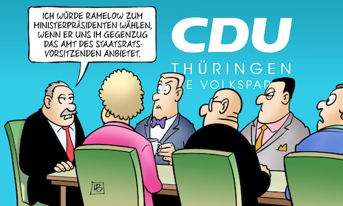 Cartoon: CDU und Ramelow (medium) by Harm Bengen tagged linke,gespräche,ramelow,ministerpräsident,wählen,amt,staatsratsvorsitzenden,ddr,thüringen,cdu,kemmerich,harm,bengen,cartoon,karikatur,linke,gespräche,ramelow,ministerpräsident,wählen,amt,staatsratsvorsitzenden,ddr,thüringen,cdu,kemmerich,harm,bengen,cartoon,karikatur