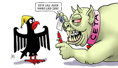 Cartoon: CETA-Entscheidung (medium) by Harm Bengen tagged ceta,freihandelsabkommen,deutschland,kanada,unterschreiben,bundestag,bundesadler,adler,monster,harm,bengen,cartoon,karikatur,ceta,freihandelsabkommen,deutschland,kanada,unterschreiben,bundestag,bundesadler,adler,monster,harm,bengen,cartoon,karikatur