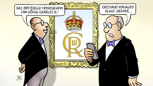 Cartoon: Charles-Monogramm (medium) by Harm Bengen tagged offizielles,monogramm,könig,king,charles,cristiano,ronaldo,royals,gb,uk,bilderrahmen,handy,butler,harm,bengen,cartoon,karikatur,offizielles,monogramm,könig,king,charles,cristiano,ronaldo,royals,gb,uk,bilderrahmen,handy,butler,harm,bengen,cartoon,karikatur