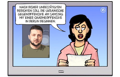 Cartoon: Charmeoffensive (medium) by Harm Bengen tagged tv,ansagerin,sprecherin,gegenoffensive,charmeoffensive,berlin,selenskyj,besuch,russland,ukraine,krieg,harm,bengen,cartoon,karikatur,tv,ansagerin,sprecherin,gegenoffensive,charmeoffensive,berlin,selenskyj,besuch,russland,ukraine,krieg,harm,bengen,cartoon,karikatur