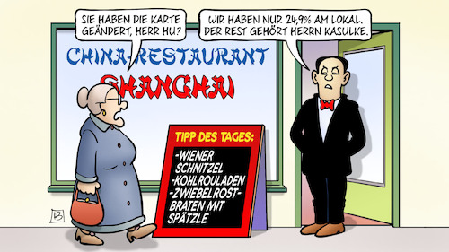 Cartoon: China-Beteiligung (medium) by Harm Bengen tagged speisekarte,lokal,restaurant,kellner,wiener,schnitzel,kohlrouladen,zwiebelrostbraten,susemil,essen,china,hamburger,hafen,containerterminal,beteiligung,kritische,infrastruktur,einflussnahme,harm,bengen,cartoon,karikatur,speisekarte,lokal,restaurant,kellner,wiener,schnitzel,kohlrouladen,zwiebelrostbraten,susemil,essen,china,hamburger,hafen,containerterminal,beteiligung,kritische,infrastruktur,einflussnahme,harm,bengen,cartoon,karikatur