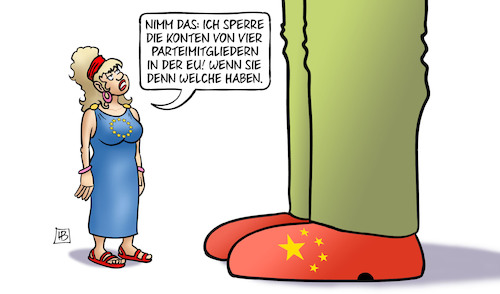 Cartoon: China-Sanktionen (medium) by Harm Bengen tagged kontensperrung,parteimitglieder,eu,europa,china,riese,zwerg,sanktionen,uiguren,menschenrechte,harm,bengen,cartoon,karikatur,kontensperrung,parteimitglieder,eu,europa,china,riese,zwerg,sanktionen,uiguren,menschenrechte,harm,bengen,cartoon,karikatur