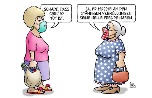 Cartoon: Christo (medium) by Harm Bengen tagged christo,tot,tod,verhüllungen,freude,verpackungskünstler,susemil,jutta,mundschutz,maske,coronavirus,ansteckung,pandemie,epidemie,krankheit,schaden,harm,bengen,cartoon,karikatur,christo,tot,tod,verhüllungen,freude,verpackungskünstler,susemil,jutta,mundschutz,maske,coronavirus,ansteckung,pandemie,epidemie,krankheit,schaden,harm,bengen,cartoon,karikatur