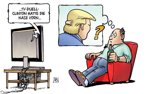 Cartoon: Clinton hat Nase vorn (medium) by Harm Bengen tagged nase,vorn,hinten,hinterkopf,tv,duell,clinton,trump,usa,präsidentschaftswahlkampf,harm,bengen,cartoon,karikatur,nase,vorn,hinten,hinterkopf,tv,duell,clinton,trump,usa,präsidentschaftswahlkampf,harm,bengen,cartoon,karikatur