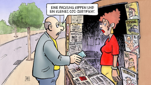 Cartoon: CO2-Preis (medium) by Harm Bengen tagged packung,kippen,kiosk,rauchen,co2,zertifikat,preis,verschmutzungsrechte,klimawandel,harm,bengen,cartoon,karikatur,packung,kippen,kiosk,rauchen,co2,zertifikat,preis,verschmutzungsrechte,klimawandel,harm,bengen,cartoon,karikatur