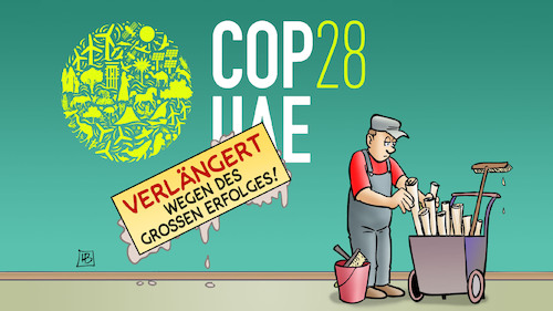 Cartoon: Cop28-Verlängerung (medium) by Harm Bengen tagged arbeiter,plakat,kleben,cop28,verlängerung,klimawandel,harm,bengen,cartoon,karikatur,arbeiter,plakat,kleben,cop28,verlängerung,klimawandel,harm,bengen,cartoon,karikatur