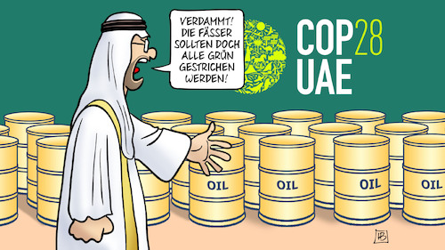 Cartoon: COP28 und Öl-Deals (medium) by Harm Bengen tagged cop28,öl,oil,deals,klimakonferenz,dubai,sultan,ahmed,al,jaber,fässer,grün,green,gestrichen,painted,greenwashing,harm,bengen,cartoon,karikatur,cop28,öl,oil,deals,klimakonferenz,dubai,sultan,ahmed,al,jaber,fässer,grün,green,gestrichen,painted,greenwashing,harm,bengen,cartoon,karikatur