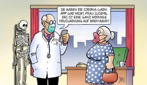 Cartoon: Corona-App-Hausarztberatung (medium) by Harm Bengen tagged susemil,normale,viruswarnung,handy,arzt,hausarzt,warnung,warnapp,app,krank,gesund,smartphone,corona,covid19,virus,pandemie,harm,bengen,cartoon,karikatur,susemil,normale,viruswarnung,handy,arzt,hausarzt,warnung,warnapp,app,krank,gesund,smartphone,corona,covid19,virus,pandemie,harm,bengen,cartoon,karikatur