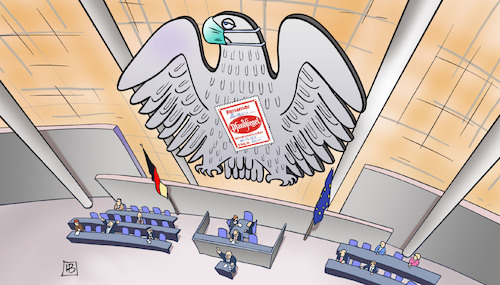 Cartoon: Corona-Schulden (medium) by Harm Bengen tagged corona,schulden,bundestag,bundesadler,pfandsiegel,kuckuck,maske,haushalt,harm,bengen,cartoon,karikatur,corona,schulden,bundestag,bundesadler,pfandsiegel,kuckuck,maske,haushalt,harm,bengen,cartoon,karikatur