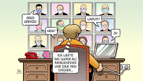 Cartoon: Corona-Videogipfel (medium) by Harm Bengen tagged obergrenze,familienfeier,stecker,corona,videogipfel,videokonferenz,merkel,ministerpräsidenten,einschränkungen,harm,bengen,cartoon,karikatur