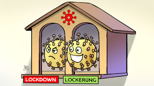 Cartoon: Corona-Wetterhäuschen (medium) by Harm Bengen tagged lockdown,lockerung,corona,virus,viren,wetterhäuschen,harm,bengen,cartoon,karikatur,lockdown,lockerung,corona,virus,viren,wetterhäuschen,harm,bengen,cartoon,karikatur