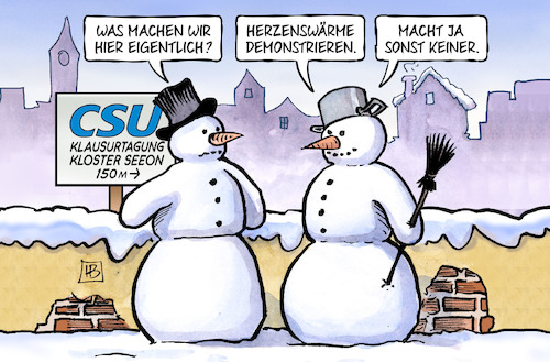 Cartoon: CSU-Klausur Kloster Seeon (medium) by Harm Bengen tagged csu,klausurtagung,kloster,seeon,bayern,schneemann,schneemänner,flüchtlinge,obergrenze,sicherheit,transitzonen,herzenswärme,demonstrieren,winter,harm,bengen,cartoon,karikatur,csu,klausurtagung,kloster,seeon,bayern,schneemann,schneemänner,flüchtlinge,obergrenze,sicherheit,transitzonen,herzenswärme,demonstrieren,winter,harm,bengen,cartoon,karikatur