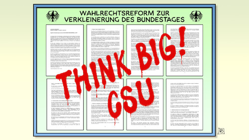 Cartoon: CSU und Wahlrecht (medium) by Harm Bengen tagged wahlrechtsreform,verkleinerung,bundestag,think,big,csu,klageandrohung,verfassungswidrig,graffiti,sprayen,harm,bengen,cartoon,karikatur,wahlrechtsreform,verkleinerung,bundestag,think,big,csu,klageandrohung,verfassungswidrig,graffiti,sprayen,harm,bengen,cartoon,karikatur