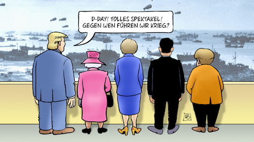 Cartoon: D-Day (medium) by Harm Bengen tagged day,spektakel,krieg,zweiter,weltkrieg,invasion,normandie,trump,queen,may,macron,merkel,feiern,jahrestag,harm,bengen,cartoon,karikatur,day,spektakel,krieg,zweiter,weltkrieg,invasion,normandie,trump,queen,may,macron,merkel,feiern,jahrestag,harm,bengen,cartoon,karikatur