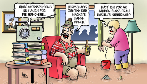 Cartoon: Dammbruch (medium) by Harm Bengen tagged ehegattensplitting,homo,ehe,homoehe,dammbruch,heirat,schwule,lesben,gleichgeschlechtliche,partnerschaft,lebensgemeinschaft,bayern,überschwemmung,hochwasser,naturkatastrophe,harm,bengen,ehegattensplitting,homo,ehe,homoehe,dammbruch,heirat,schwule,lesben,gleichgeschlechtliche,partnerschaft,lebensgemeinschaft,bayern,überschwemmung,hochwasser,naturkatastrophe,harm,bengen