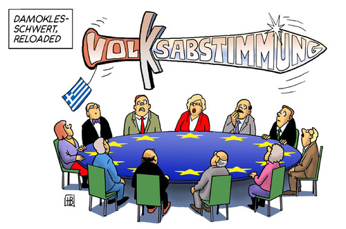 Cartoon: Damoklesschwert (medium) by Harm Bengen tagged rettungsschirm,rettungspaket,abstimmung,staatsverschuldung,euroschuldenkrise,eurokrise,euro,eu,volksabstimmung,griechenland,schwert,damokles,damoklesschwert,damoklesschwert,damokles,griechenland,volksabstimmung,euro,eurokrise,euroschuldenkrise,staatsverschuldung,abstimmung