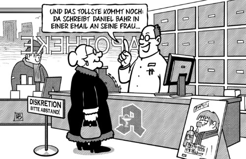 Cartoon: Datenklau Gesundheitsministerium (medium) by Harm Bengen tagged datenklau,datendiebstahl,informationen,it,edv,gesundheitsministerium,gesundheitsminister,daniel,bahr,spionage,skandal,lobbyismus,lobbyverband,lobby,apotheke,apotheker,apothekerverband,harm,bengen,cartoon,karikatur