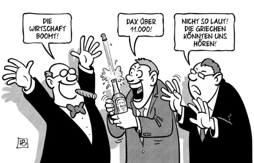 Cartoon: Dax über 11000 (medium) by Harm Bengen tagged wirtschaft,boomt,dax,griechen,eurozone,tsipras,varoufakis,europa,eu,griechenland,finanzminister,syriza,harm,bengen,cartoon,karikatur