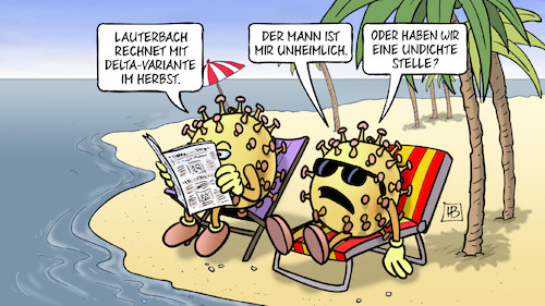 Cartoon: Delta im Herbst (medium) by Harm Bengen tagged lauterbach,delta,variante,mutation,herbst,unheimlich,undichte,stelle,corona,virus,liegestuhl,urlaub,insel,harm,bengen,cartoon,karikatur,lauterbach,delta,variante,mutation,herbst,unheimlich,undichte,stelle,corona,virus,liegestuhl,urlaub,insel,harm,bengen,cartoon,karikatur