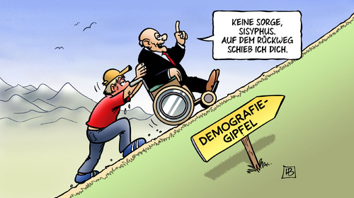 Cartoon: Demografiegipfel (medium) by Harm Bengen tagged sisyphus,demografiegipfel,alter,friedrich,bundesregierung,berlin,harm,bengen,cartoon,karikatur,sisyphus,demografiegipfel,alter,friedrich,bundesregierung,berlin,harm,bengen,cartoon,karikatur