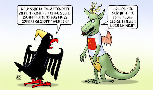 Cartoon: Deutsch-Chinesische Kampfpiloten (medium) by Harm Bengen tagged deutsche,luftwaffenoffiziere,bundeswehr,trainieren,ausbildung,china,kampfpiloten,flugzeuge,bundesadler,drachen,pistorius,harm,bengen,cartoon,karikatur,deutsche,luftwaffenoffiziere,bundeswehr,trainieren,ausbildung,china,kampfpiloten,flugzeuge,bundesadler,drachen,pistorius,harm,bengen,cartoon,karikatur