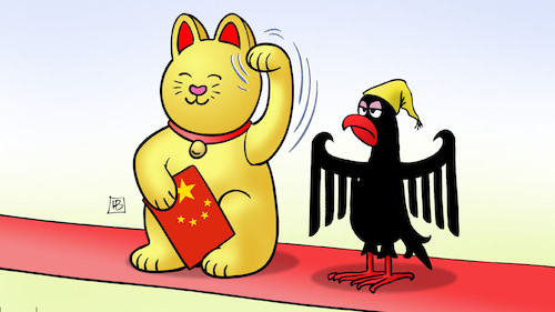 Cartoon: Deutsch-Chinesische Konsultation (medium) by Harm Bengen tagged deutsch,chinesische,konsultationen,china,empfang,deutschland,bundesadler,adler,winkekatze,glückskatze,katze,harm,bengen,cartoon,karikatur,deutsch,chinesische,konsultationen,china,empfang,deutschland,bundesadler,adler,winkekatze,glückskatze,katze,harm,bengen,cartoon,karikatur