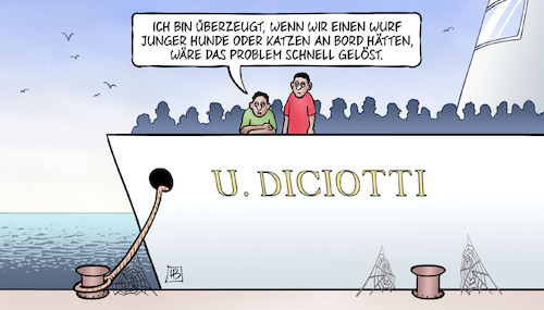 Cartoon: Diciotti (medium) by Harm Bengen tagged hunde,katzen,schiff,diciotti,italien,flüchtlinge,migration,europa,mittelmeer,rettung,geiseln,harm,bengen,cartoon,karikatur,hunde,katzen,schiff,diciotti,italien,flüchtlinge,migration,europa,mittelmeer,rettung,geiseln,harm,bengen,cartoon,karikatur