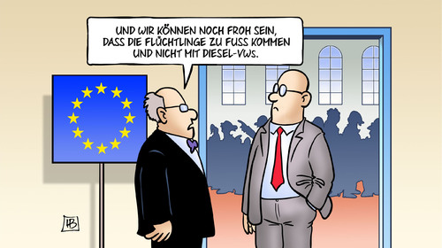 Cartoon: Diesel-Flüchtlinge (medium) by Harm Bengen tagged vw,winterkorn,konzernchef,aktie,börse,kurs,absturz,abgas,manipulation,betrug,dax,flüchtlinge,asyl,eu,europa,harm,bengen,cartoon,karikatur,vw,winterkorn,konzernchef,aktie,börse,kurs,absturz,abgas,manipulation,betrug,dax,flüchtlinge,asyl,eu,europa,harm,bengen,cartoon,karikatur