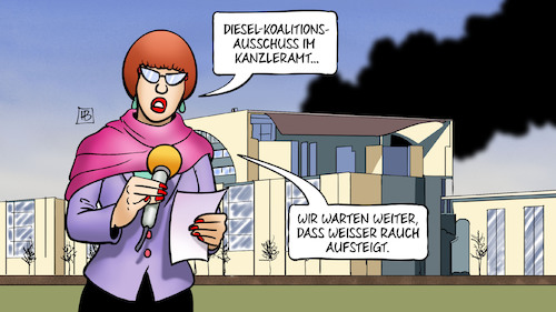 Cartoon: Diesel-Groko-Gipfel (medium) by Harm Bengen tagged koalitionsauschuss,kanzleramt,weisser,rauch,aufsteigen,reporterin,software,updates,scheuer,diesel,umrüstungen,automobilindustrie,abgasskandal,harm,bengen,cartoon,karikatur,koalitionsauschuss,kanzleramt,weisser,rauch,aufsteigen,reporterin,software,updates,scheuer,diesel,umrüstungen,automobilindustrie,abgasskandal,harm,bengen,cartoon,karikatur