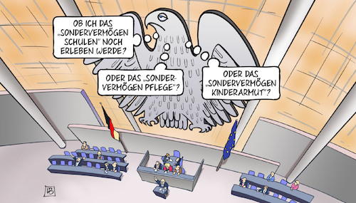 Cartoon: Diverse Sondervermögen (medium) by Harm Bengen tagged diverse,sondervermögen,schulen,pflege,kinderarmut,bundestag,bundesadler,haushaltsdebatte,adler,russland,ukraine,krieg,harm,bengen,cartoon,karikatur,diverse,sondervermögen,schulen,pflege,kinderarmut,bundestag,bundesadler,haushaltsdebatte,adler,russland,ukraine,krieg,harm,bengen,cartoon,karikatur