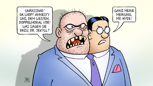 Cartoon: Doppelmoral (medium) by Harm Bengen tagged unfassbar,amnesty,international,menschenrechte,westen,doppelmoral,jekyll,hyde,harm,bengen,cartoon,karikatur,unfassbar,amnesty,international,menschenrechte,westen,doppelmoral,jekyll,hyde,harm,bengen,cartoon,karikatur