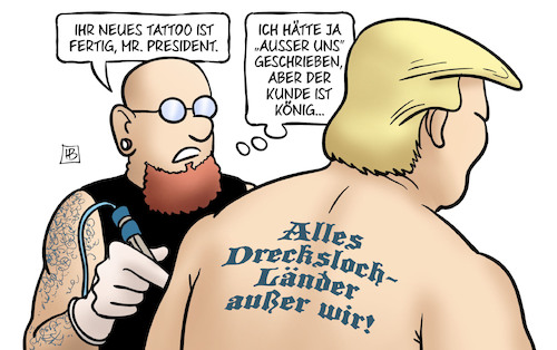 Cartoon: Drecksloch-Länder (medium) by Harm Bengen tagged drecksloch,länder,trump,präsident,usa,tattoo,rassismus,harm,bengen,cartoon,karikatur,drecksloch,länder,trump,präsident,usa,tattoo,rassismus,harm,bengen,cartoon,karikatur